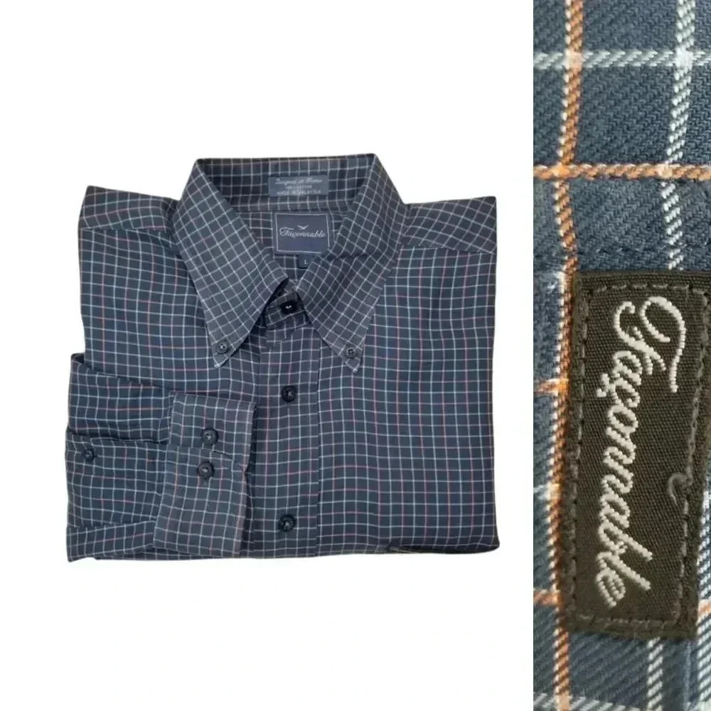 {Façonnable} Mens Check Plaid Button-Down Dress Shirt